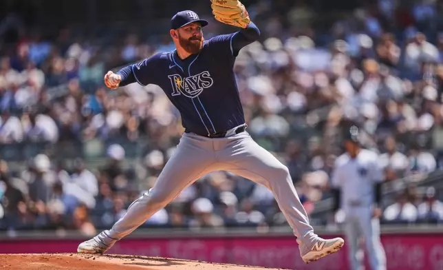 Tampa Bay Rays' Zack Littell pitches during the first inning of a baseball game against the New York Yankees, Saturday, May 3, 2025, in New York. (AP Photo/Frank Franklin II)