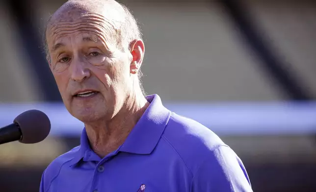FILE - Los Angeles Dodgers President and CEO Stan Kasten speaks during a news conference at Dodger Stadium, Jan. 15, 2021, in Los Angeles. (Irfan Khan/Los Angeles Times via AP, Pool, File)