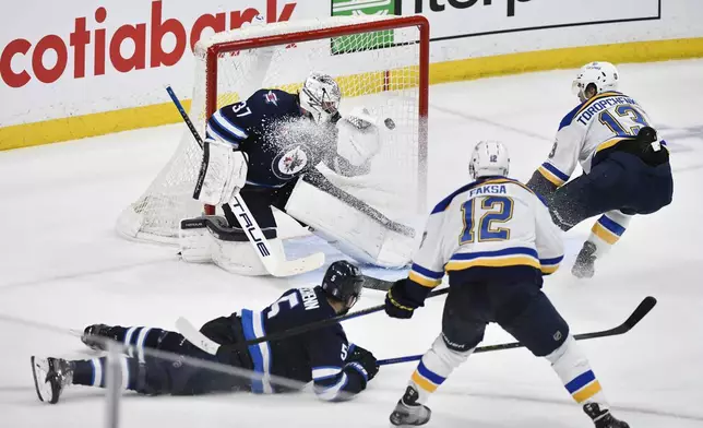 St. Louis Blues' Radek Faksa (12) scores against Winnipeg Jets goaltender Connor Hellebuyck (37) during the second period of Game 7 in an NHL hockey first-round playoff series in Winnipeg, Manitoba, Sunday, May 4, 2025. (Fred Greenslade/The Canadian Press via AP)