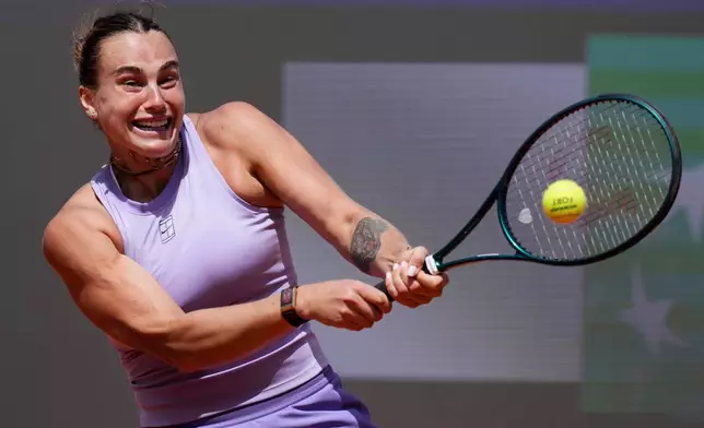 Aryna Sabalenka of Belarus returns to Anastasia Potapova of Russia during the Italian Open tennis tournament in Rome, Friday May 9, 2025. (Alfredo Falcone/LaPresse via AP)