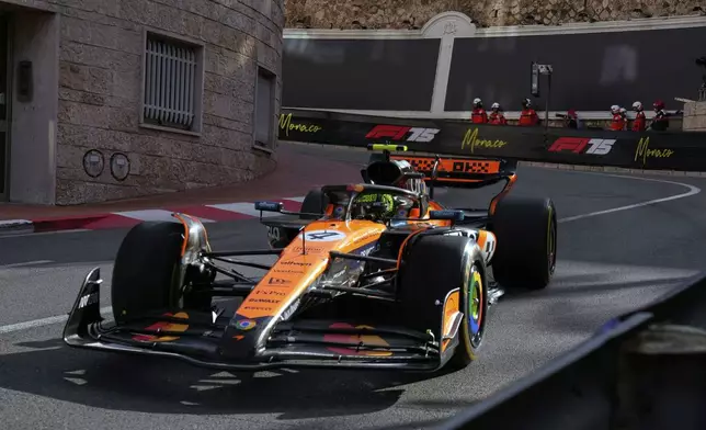 McLaren driver Lando Norris of Britain steers his car during the second free practice ahead of the Formula One Monaco Grand Prix race at the Monaco racetrack in Monaco, Friday, May 23, 2025. (AP Photo/Manu Fernandez)