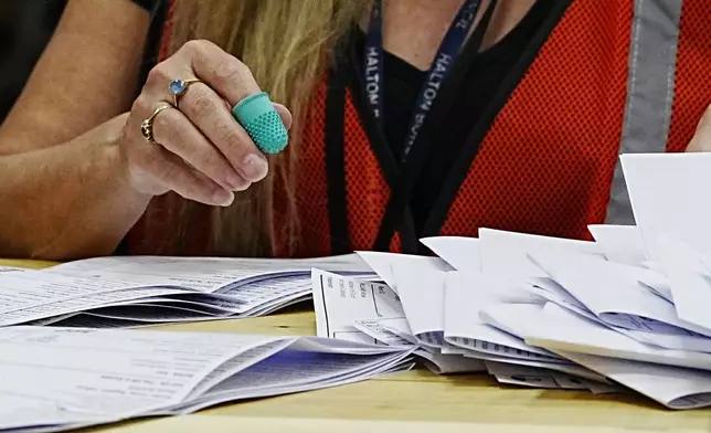 Votes are counted at DCBL Halton Stadium, in Widnes, Cheshire, England, for the Runcorn and Helsby by-election that was triggered by the resignation of former Labour MP Mike Amesbury, Thursday, May 1, 2025. (Peter Byrne/PA via AP)