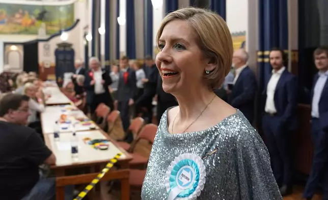 Reform U.K.'s Greater Lincolnshire mayoral candidate Dame Andrea Jenkyns looks on during the count at Grimsby Town Hall, in Lincolnshire, England, for the Greater Lincolnshire Mayor election, early Friday, May 2, 2025. (Joe Giddens/PA via AP)