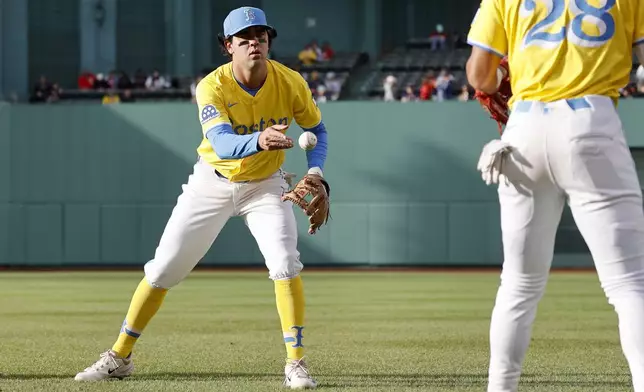 Boston Red Sox third baseman Marcelo Mayer tosses a ball as he warms up before the second baseball game of a doubleheader against the Baltimore Orioles, Saturday, May 24, 2025, at Fenway Park in Boston. (AP Photo/Mary Schwalm)