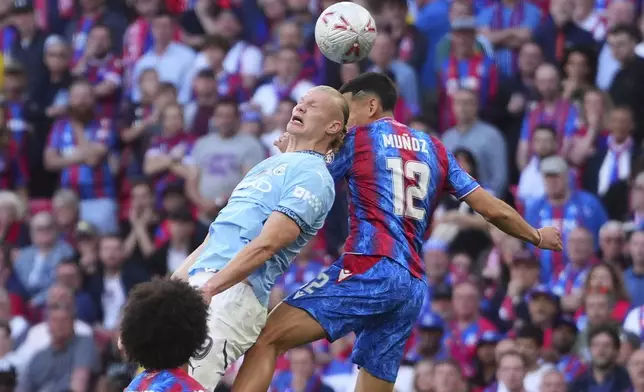 Manchester City's Erling Haaland, left, challenges for the ball with Crystal Palace's Daniel Munoz during the English FA Cup final soccer match between Crystal Palace and Manchester City at Wembley stadium in London, Saturday, May 17, 2025. (AP Photo/Kirsty Wigglesworth)