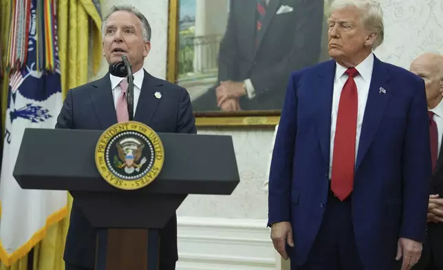 President Donald Trump, right, listens as White House special envoy Steve Witkoff, left, speaks during a swearing in ceremony for interim U.S. Attorney General for the District of Columbia Jeanine Pirro, Wednesday, May 28, 2025, in the Oval Office of the White House in Washington. (AP Photo/Evan Vucci)