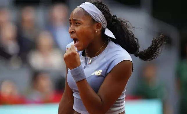 United States' Coco Gauff reacts during the Madrid Open tennis final against Aryna Sabalenka of Belarus in Madrid, Spain, Saturday, May 3, 2025. (AP Photo/Jose Breton)