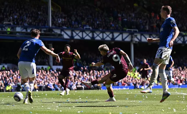 Ipswich Town's Julio Enciso shoots towards goal, during the English Premier League soccer match between Everton and Ipswich Town, at Goodison Park, in Liverpool, England, Saturday May 3, 2025. (Cody Froggatt/PA via AP)