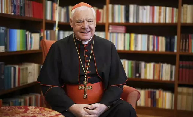 Cardinal Gerhard Ludwig Müller answers questions during an interview with The Associated Press at the Vatican on Monday, May 12, 2025. (AP Photo/Andrew Medichini)
