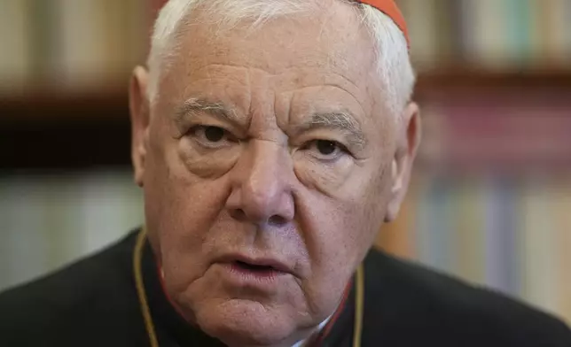 Cardinal Gerhard Ludwig Müller answers questions during an interview with The Associated Press at the Vatican on Monday, May 12, 2025. (AP Photo/Andrew Medichini)