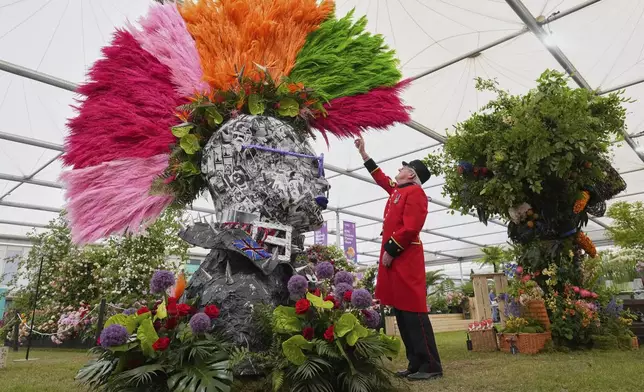 Chelsea Pensioner Peter Wilson reaches up to touch a Punks head with a mohawk created with pampas grass, tropical blooms and preserved leaves part of Chelsea in Bloom by Ricky Paul Flowers at the RHS Chelsea Flower Show in London, Monday, May 19, 2025. (AP Photo/Kirsty Wigglesworth)