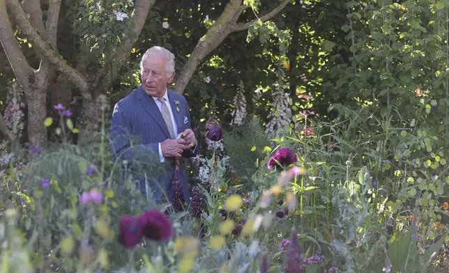 Britain's King Charles III, patron of the Royal Horticultural Society, visits the Chelsea Flower Show in London, Monday May 19, 2025. (Toby Melville/Pool via AP)