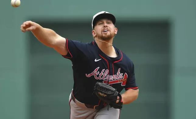 Atlanta Braves' Spencer Schwellenbach delivers a pitch to a Boston Red Sox batter in the first inning of a baseball game, Sunday, May 18, 2025, in Boston. (AP Photo/Steven Senne)