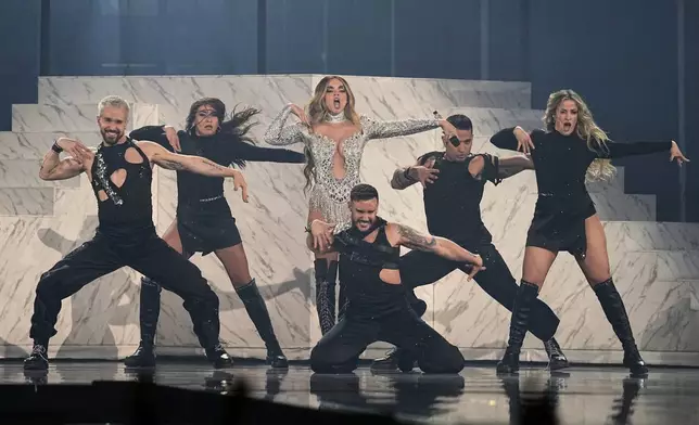 Melody from Spain performs the song "ESA DIVA" during the Grand Final of the 69th Eurovision Song Contest, in Basel, Switzerland, Saturday, May 17, 2025. (AP Photo/Martin Meissner)