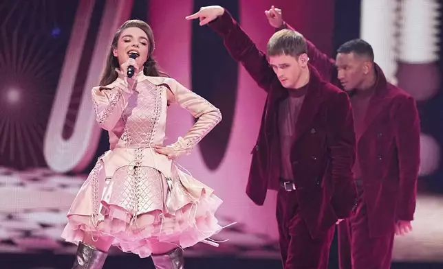 Laura Thorn from Luxembourg performs the song "La Poupee Monte Le Son" during the Grand Final of the 69th Eurovision Song Contest, in Basel, Switzerland, Saturday, May 17, 2025. (AP Photo/Martin Meissner)