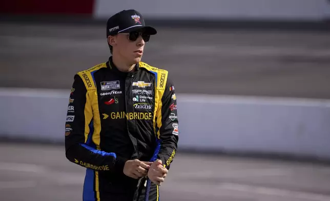 Carson Hocevar walks out to his car before the NASCAR All-Star Open auto race Sunday, May 18, 2025, in North Wilkesboro, N.C. (AP Photo/Scott Kinser)