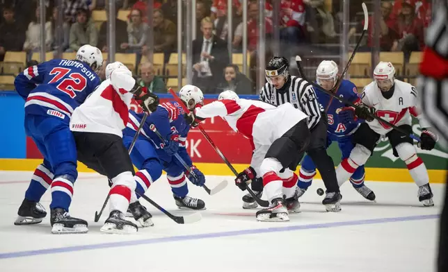 U.S. and Swiss players fight for the puck during the IIHF Ice Hockey World Championship group B match between the U.S. and Switzerland in Herning, Denmark, Monday, May 12, 2025. (Bo Amstrup/Ritzau Scanpix via AP)