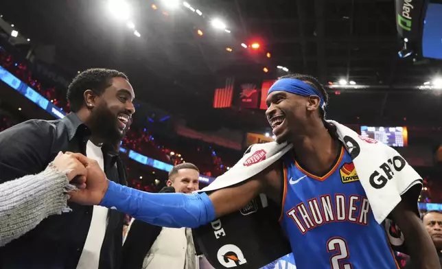 Oklahoma City Thunder's Shai Gilgeous-Alexander (2) celebrates after the team's win against the Denver Nuggets in Game 7 in the Western Conference semifinals of the NBA basketball playoffs, Sunday, May 18, 2025, in Oklahoma City. (AP Photo/Kyle Phillips)