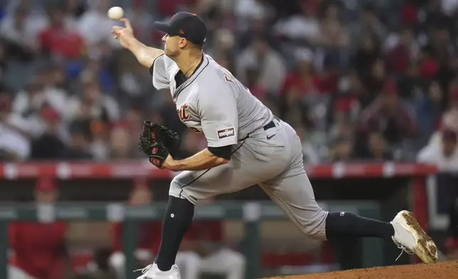 Detroit Tigers starting pitcher Jack Flaherty throws against the Los Angeles Angels during the fourth inning of a baseball game Saturday, May 3, 2025, in Anaheim, Calif. (AP Photo/Jae C. Hong)
