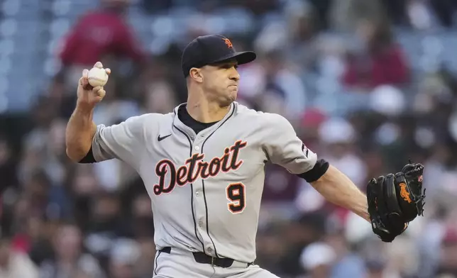 Detroit Tigers starting pitcher Jack Flaherty throws against the Los Angeles Angels during the first inning of a baseball game Saturday, May 3, 2025, in Anaheim, Calif. (AP Photo/Jae C. Hong)