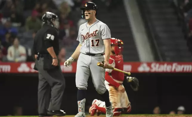 Detroit Tigers' Jace Jung (17) reacts after striking out during the sixth inning of a baseball game against the Los Angeles Angels Saturday, May 3, 2025, in Anaheim, Calif. (AP Photo/Jae C. Hong)