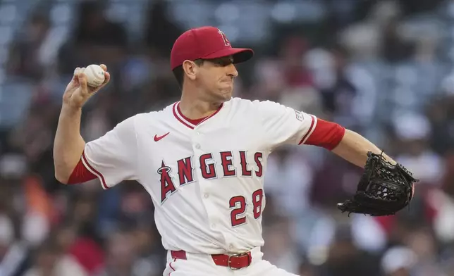 Los Angeles Angels starting pitcher Kyle Hendricks (28) throws against the Detroit Tigers during the first inning of a baseball game Saturday, May 3, 2025, in Anaheim, Calif. (AP Photo/Jae C. Hong)