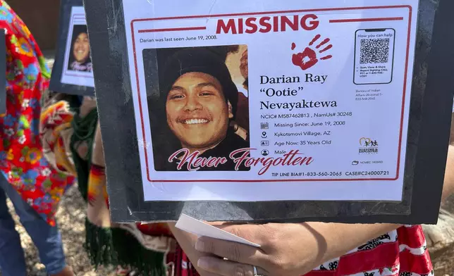 Family members hold signs showing Darian Nevayaktewa, who went missing in 2008, while they mark Missing and Murdered Indigenous Persons Awareness Day during an event in Albuquerque, New Mexico, on Monday, May 5, 2025. (AP Photo/Susan Montoya Bryan)