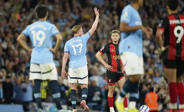 Manchester City's Kevin De Bruyne walks off after being substituted during the English Premier League soccer match between Manchester City and Bournemouth at the Etihad stadium in Manchester, England, Tuesday, May 20, 2025. (AP Photo/Dave Thompson)