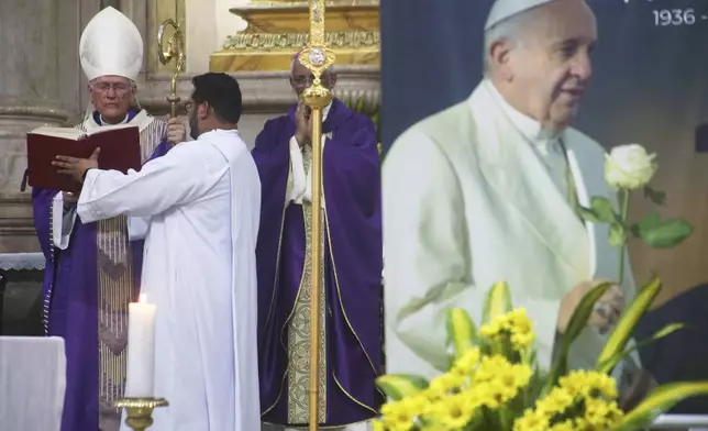 Brazilian Cardinal Leonardo Steiner celebrates a memorial Mass for Pope Francis at the Metropolitan Cathedral in Manaus, in Amazonas state, Brazil, Tuesday, April 22, 2025. (AP Photo/Edmar Barros)
