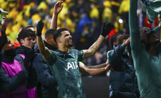 Tottenham's Dominic Solanke celebrates after the Europa League semifinal soccer match between Bodø/Glimt and Tottenham Hotspur at Aspmyra Stadium, Bodo, Norway, Thursday May 8, 2025. (Mats Torbergsen/NTB via AP)