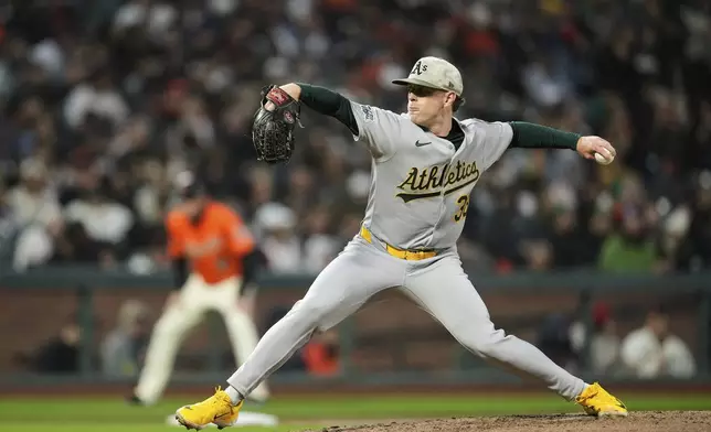 Athletics' JP Sears pitches to a San Francisco Giants batter during the fourth inning of a baseball game Friday, May 16, 2025, in San Francisco. (AP Photo/Godofredo A. Vásquez)