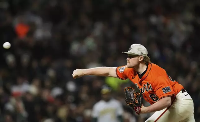 San Francisco Giants' Logan Webb pitches during the sixth inning of a baseball game against the Athletics, Friday, May 16, 2025, in San Francisco. (AP Photo/Godofredo A. Vásquez)