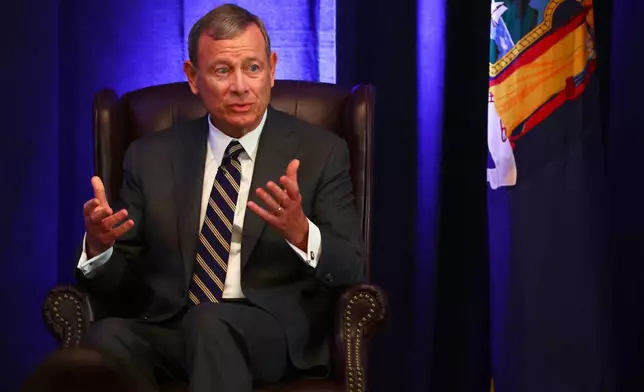 Chief Justice John Roberts speaks during a fireside chat at the 125th anniversary celebration of the United States District court for the Western District of New York, Wednesday, May 7, 2025, in Buffalo, N.Y. (AP Photo/Jeffrey T. Barnes)