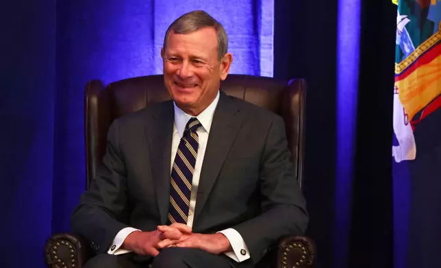 Chief Justice John Roberts speaks during a fireside chat at the 125th anniversary celebration of the United States District court for the Western District of New York, Wednesday, May 7, 2025, in Buffalo, N.Y. (AP Photo/Jeffrey T. Barnes)