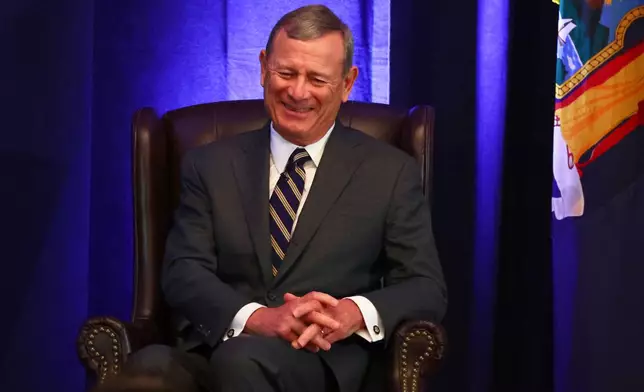 Chief Justice John Roberts speaks during a fireside chat at the 125th anniversary celebration of the United States District court for the Western District of New York, Wednesday, May 7, 2025, in Buffalo, N.Y. (AP Photo/Jeffrey T. Barnes)
