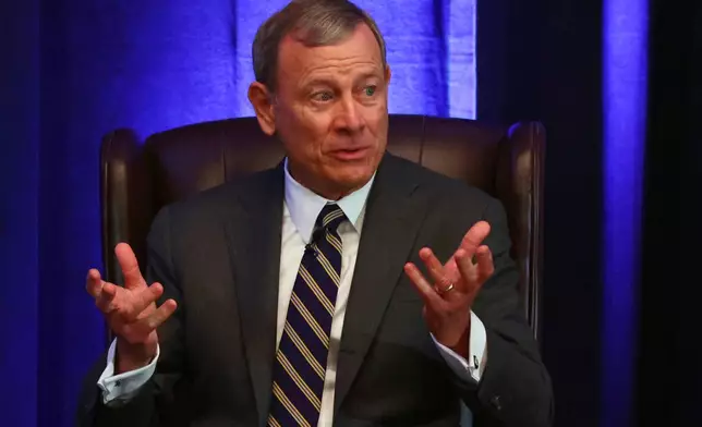 Chief Justice John Roberts speaks during a fireside chat at the 125th anniversary celebration of the United States District court for the Western District of New York, Wednesday, May 7, 2025, in Buffalo, N.Y. (AP Photo/Jeffrey T. Barnes)