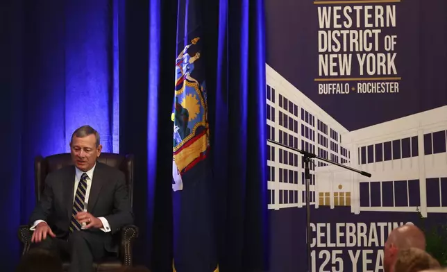 Chief Justice John Roberts speaks during a fireside chat at the 125th anniversary celebration of the United States District court for the Western District of New York, Wednesday, May 7, 2025, in Buffalo, N.Y. (AP Photo/Jeffrey T. Barnes)