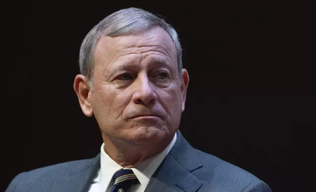 John Roberts, Chief Justice of the U.S. Supreme Court, speaks during lecture to the Georgetown Law School graduating class of 2025, in Washington, Monday, May 12, 2025. (AP Photo/Manuel Balce Ceneta)