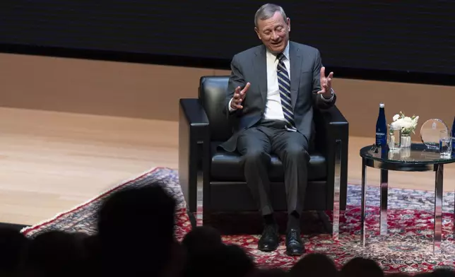 John Roberts, Chief Justice of the U.S. Supreme Court, speaks during a lecture to the Georgetown Law School graduating class of 2025, in Washington, Monday, May 12, 2025. (AP Photo/Manuel Balce Ceneta)