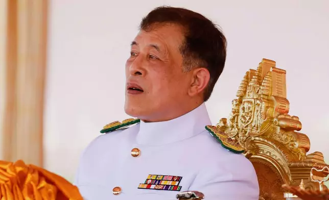 Thailand's King Maha Vajiralongkorn addresses the audience at a royal plowing ceremony in Bangkok, Thailand, Friday, May 9, 2025. (Sunti Teapia/Pool Photo via AP)