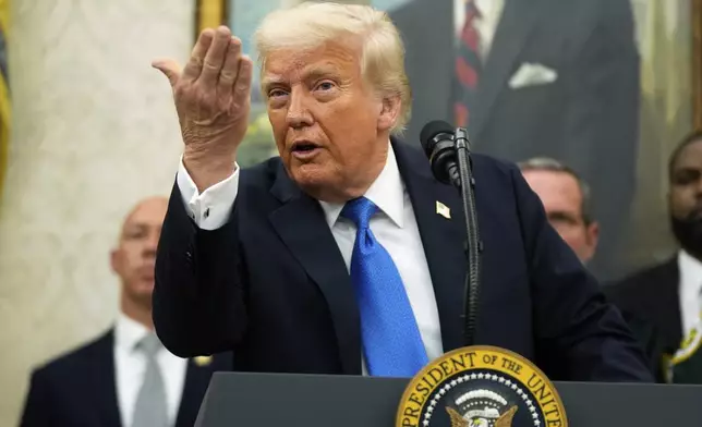 President Donald Trump speaks during an event to present law enforcement officers with an award in the Oval Office at the White House, Monday, May 19, 2025. (AP Photo/Manuel Balce Ceneta)