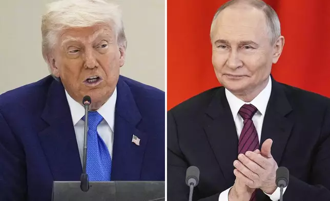 This combination photo shows President Donald Trump in a business roundtable, May 16, 2025, in Abu Dhabi, United Arab Emirates, left, and Russian President Vladimir Putin at a signing ceremony at the Kremlin in Moscow, May 10, 2025. (AP Photo)