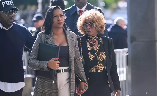 Janice Combs, mother of Sean "Diddy" Combs, right, arrives to the courthouse in New York, Monday, May 12, 2025. (AP Photo/Seth Wenig)