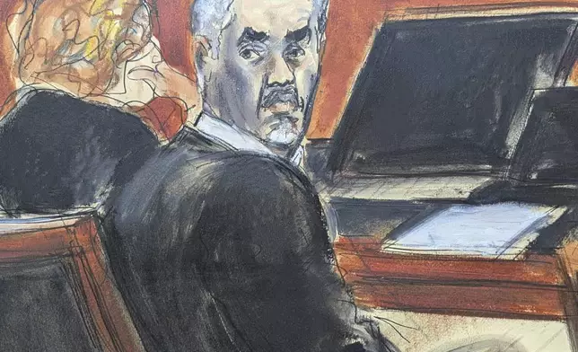 Sean 'Diddy' Combs, right, turns around and looks at the audience during jury selection at Manhattan federal court, Monday, May 5, 2025, in New York. (Elizabeth Williams via AP)