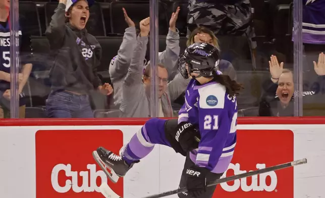 Minnesota Frost forward Liz Schepers celebrates after her goal against the Toronto Sceptres in the first period of a PWHL hockey playoff game Sunday, May 11, 2025, in St. Paul, Minn. (AP Photo/Bruce Kluckhohn)
