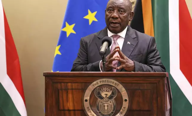 FILE - South Africa's President Cyril Ramaphosa speaks to journalists during the eighth EU-South Africa summit in Cape Town, South Africa, March 13, 2025. (AP Photo/Nardus Engelbrecht, File)