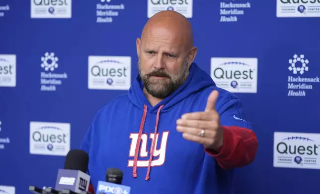 New York Giants head coach Brian Daboll speaks to reporters before NFL football practice in East Rutherford, N.J., Wednesday, May 28, 2025. (AP Photo/Seth Wenig)