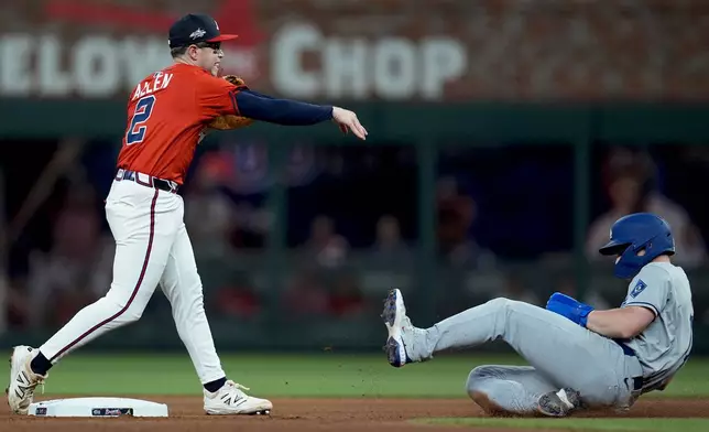 Atlanta Braves shortstop Nick Allen (2) makes the play against Los Angeles Dodgers catcher Will Smith (16) in the seventh inning of a baseball game, Friday, May 2, 2025, in Atlanta. (AP Photo/Mike Stewart)