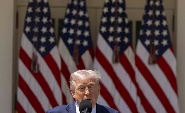 President Donald Trump speaks during a National Day of Prayer event in the Rose Garden of the White House, Thursday, May 1, 2025, in Washington. (AP Photo/Alex Brandon)