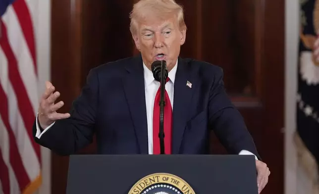 President Donald Trump speaks about investing in America in the Cross Hall of the White House, Wednesday, April 30, 2025, in Washington. (AP Photo/Alex Brandon)